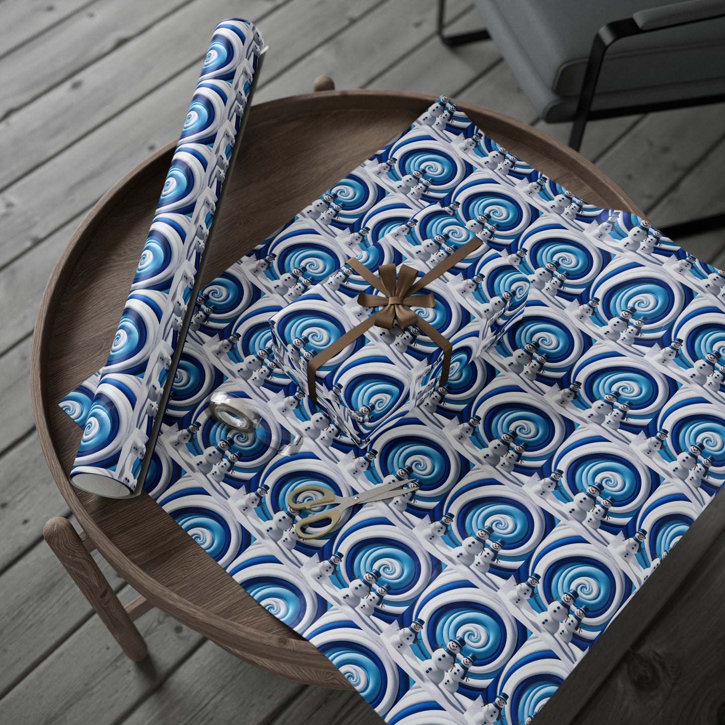 Snowmen Wrapping Paper Roll for Winter Holidays, Festive Christmas Gift Wrap, Blue and White Snowman Pattern, Gift Packaging Supplies,