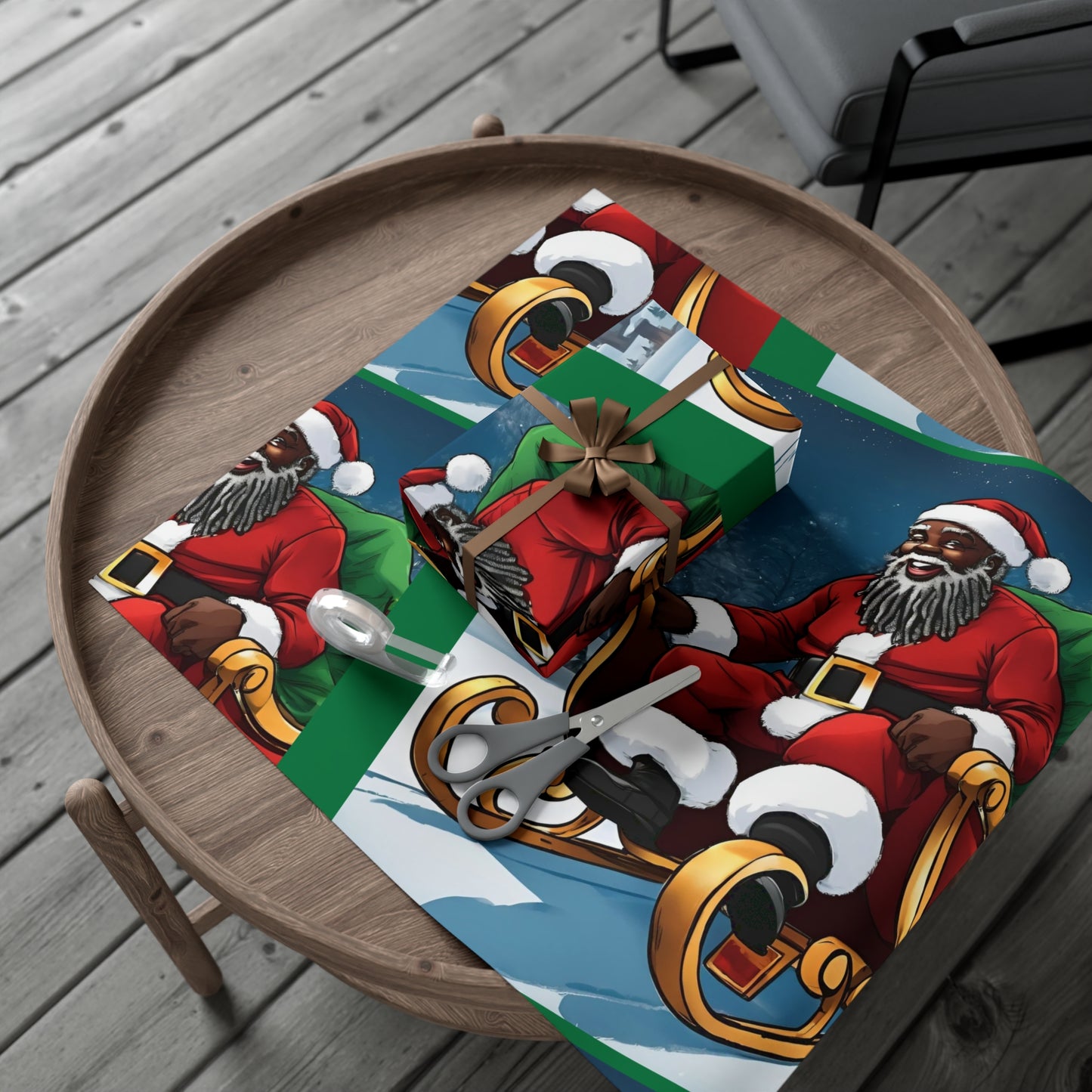 Gift Wrap-African American Inspired Santa on Sleigh