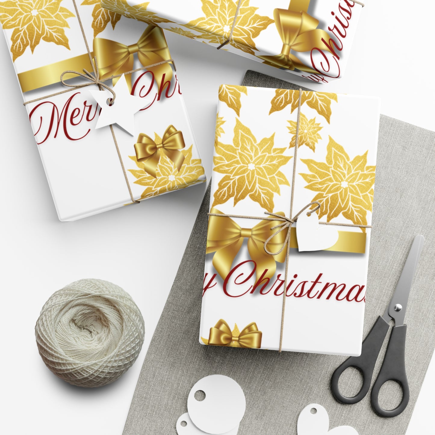 Wrapping Papers - Festive Golden Poinsettia Flowers Merry Christmas Gift Wrap Roll, Elegant White Gold Ribbon Accents,
