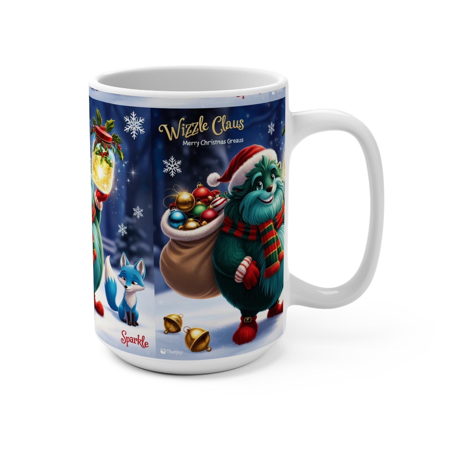 Mug 15oz Wizzle Claus Magical Winter Festive Holiday Cheer Red Gloves Santa Hat Ornaments Bells, Christmas Gift, Coffee Cup,