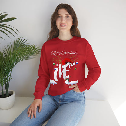 Christmas Snowflake Holiday Crewneck Sweatshirt, Xmas Winter Santa Hat Jumper, Festive Mistletoe Antler Branches, Unisex Heavy Blend -Initial "M"