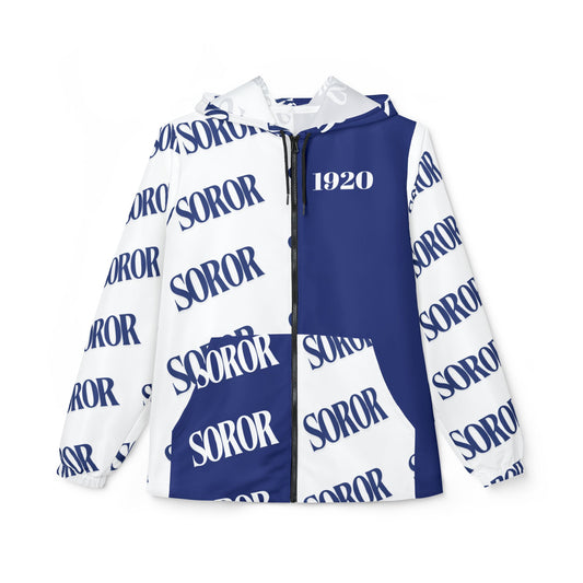 Windbreaker Jacket, Zeta Sorority -Soror Soror Graffiti, White Royal Blue, College Fashion Coat, Greek Life Outerwear