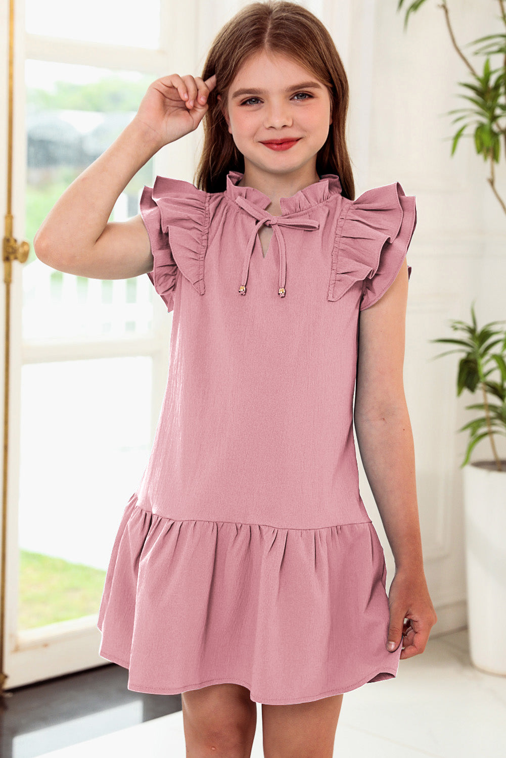 Tie Neck Flutter Sleeve Dress-VMA Specialties Boutique