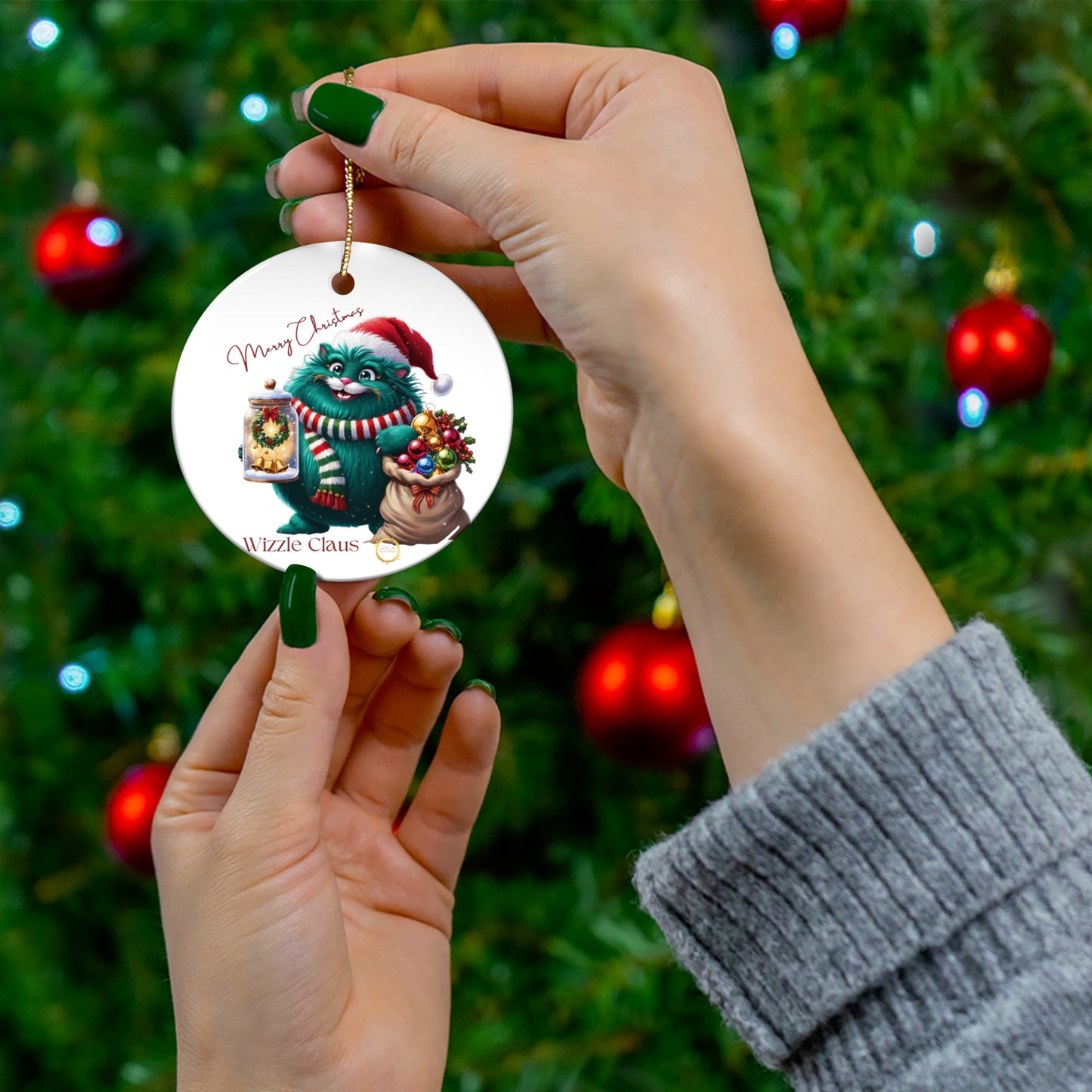 Ceramic Ornament, Festive Wizzle Claus Holiday Christmas Tree Decoration, Gift, Xmas Home Decor, Stocking Stuffer
