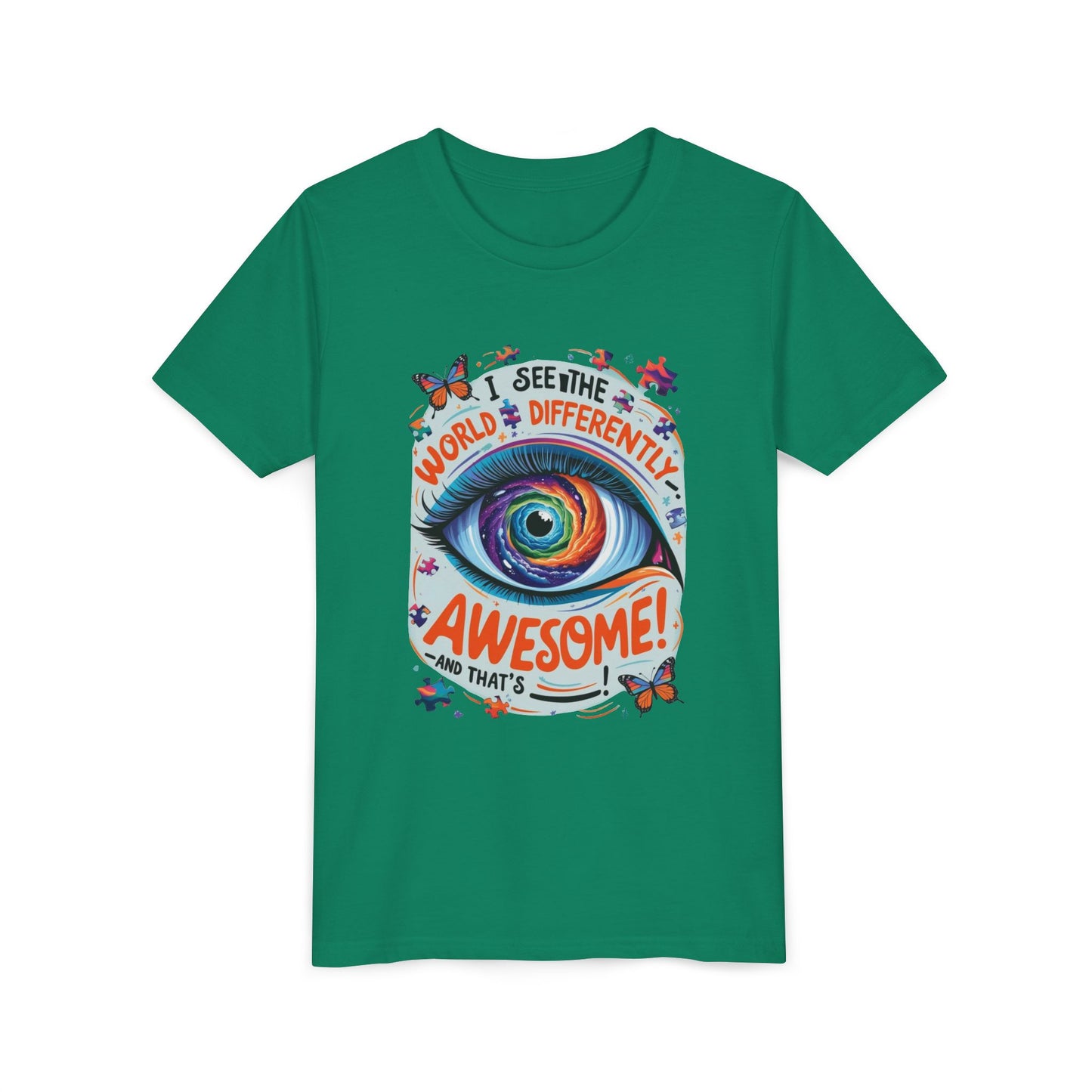 Autism Awareness Youth Tee, Eye Galaxy, Puzzle Pieces, Butterflies, Neurodiversity Shirt, Unique Perspective Clothing