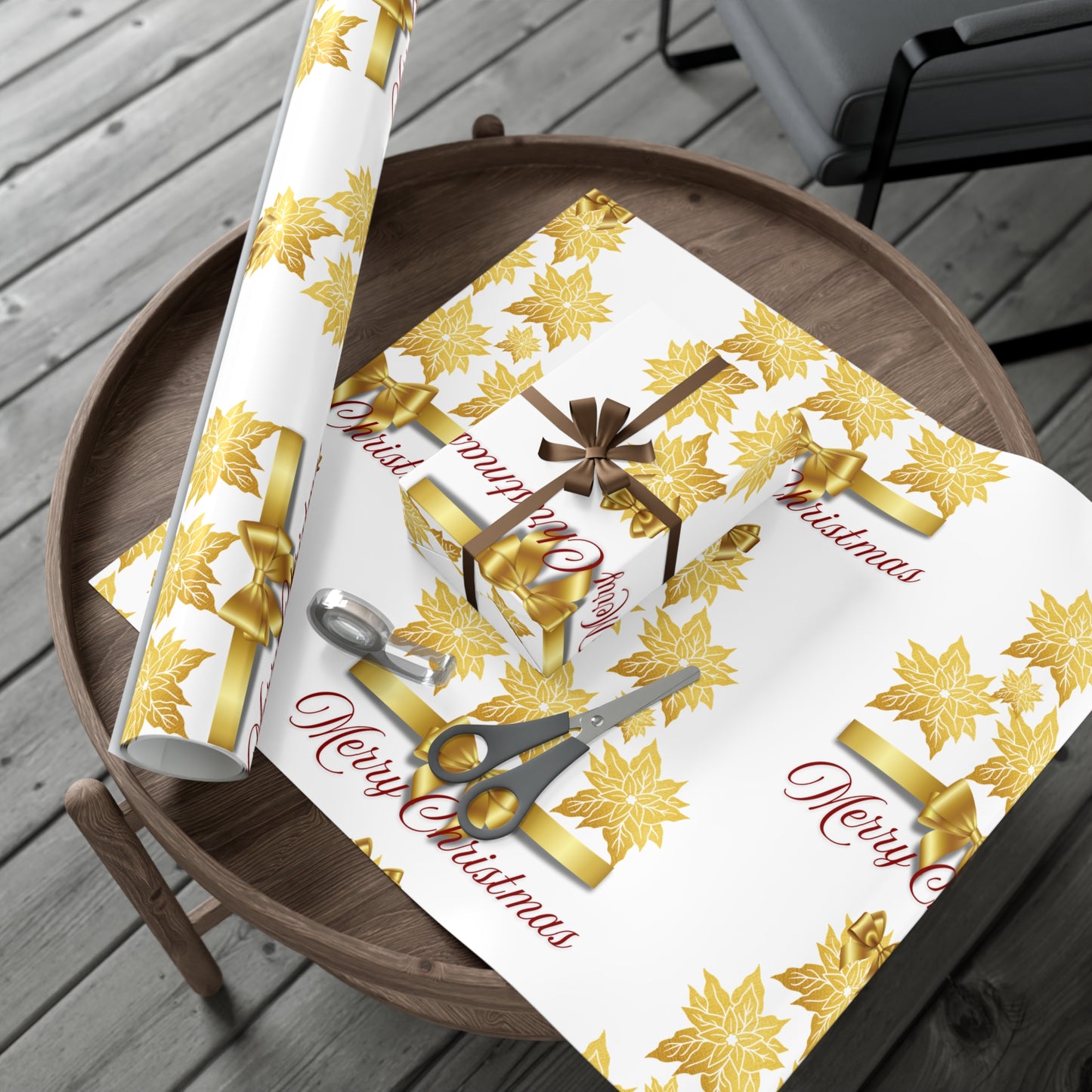Wrapping Papers - Festive Golden Poinsettia Flowers Merry Christmas Gift Wrap Roll, Elegant White Gold Ribbon Accents,