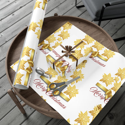 Wrapping Papers - Festive Golden Poinsettia Flowers Merry Christmas Gift Wrap Roll, Elegant White Gold Ribbon Accents,