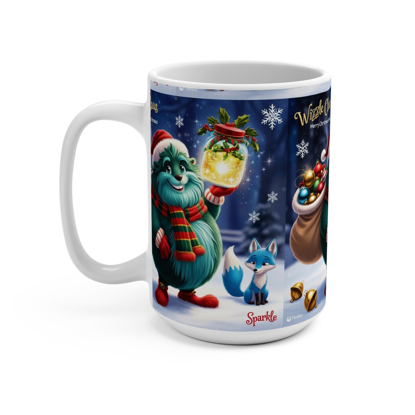 Mug 15oz Wizzle Claus Magical Winter Festive Holiday Cheer Red Gloves Santa Hat Ornaments Bells, Christmas Gift, Coffee Cup,