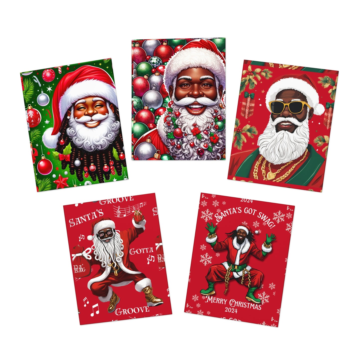 Greeting Card Pack, African American Santa Holiday Cards - Festive Joy, Blank Inside, Set of 5, Culturally Inspired, Vibrant
