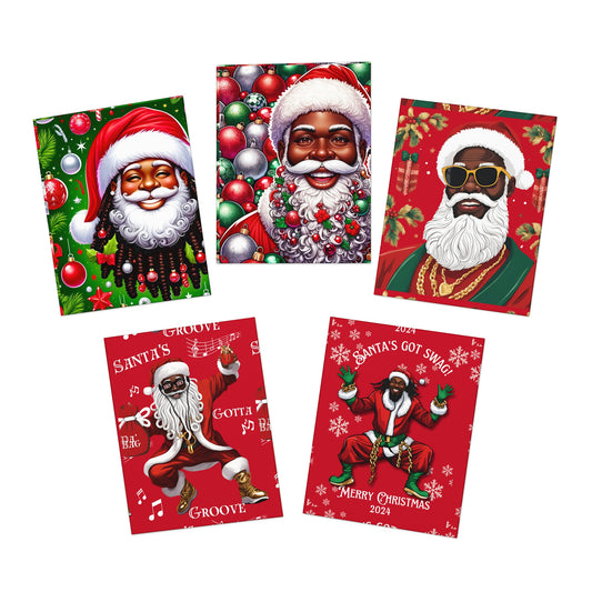 Greeting Card Pack, African American Santa Holiday Cards - Festive Joy, Blank Inside, Set of 5, Culturally Inspired, Vibrant