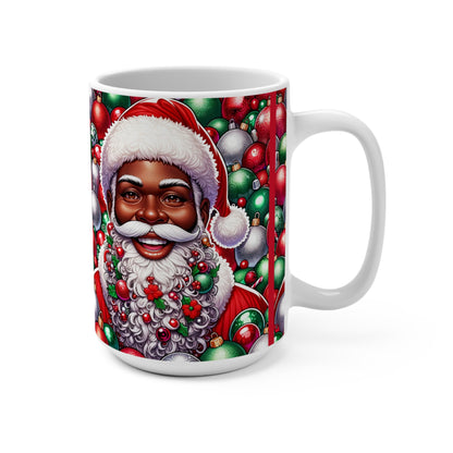 Mug 15oz - African American Santa Deck the Halls with Colorful Ornament Design