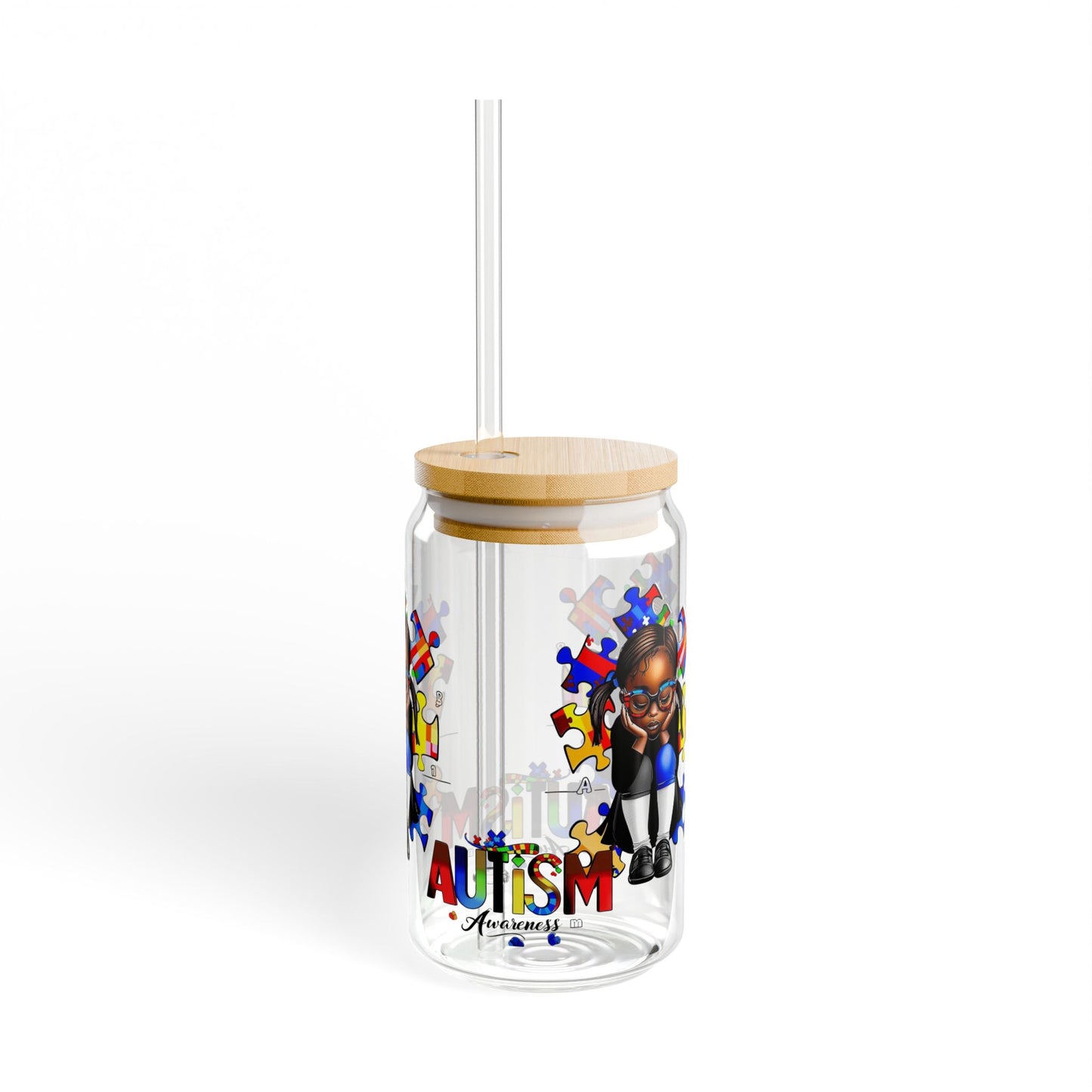 Sipper Glass, 16oz featuring Autism Awareness design - Black girl with puzzle pieces, Autistic Awareness gift, Puzzle pieces