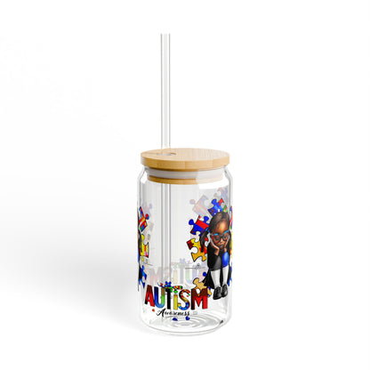 Sipper Glass, 16oz featuring Autism Awareness design - Black girl with puzzle pieces, Autistic Awareness gift, Puzzle pieces
