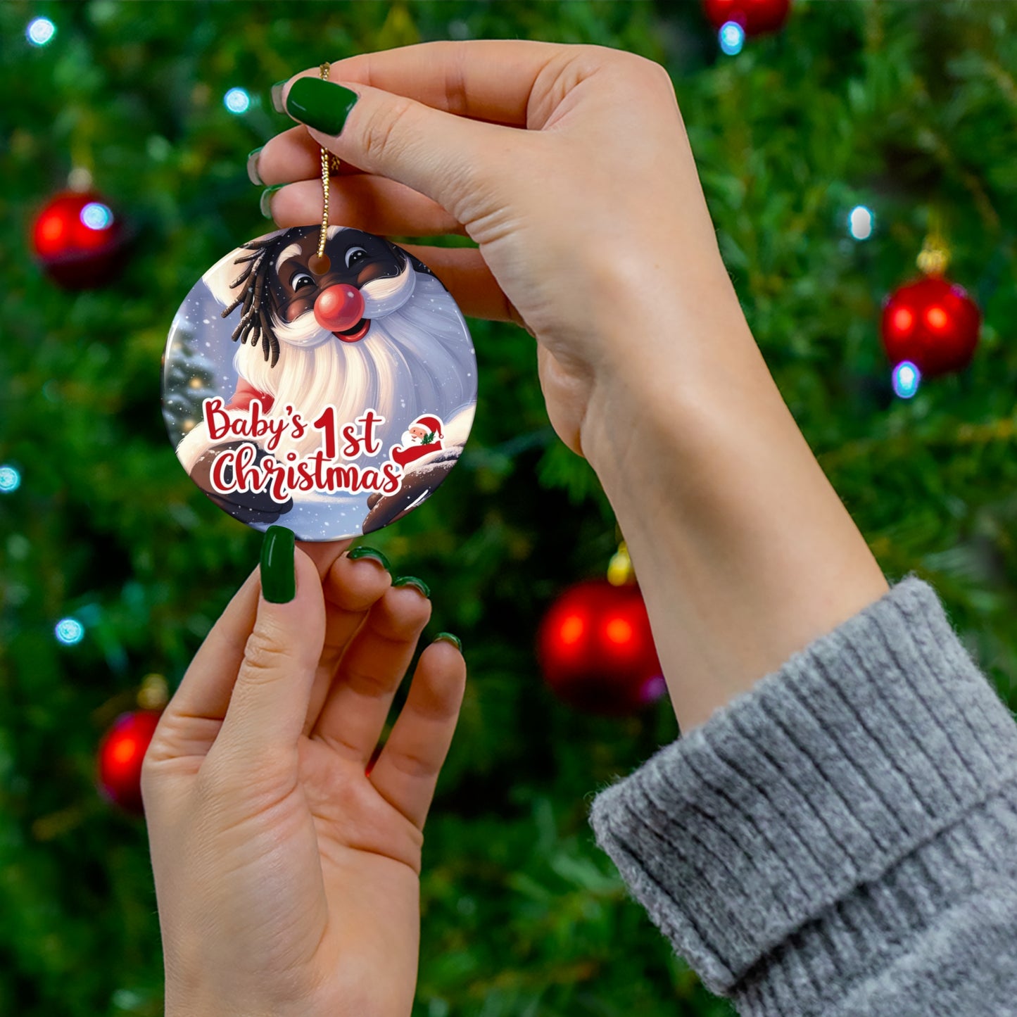 Ceramic Ornament - Baby's First Christmas, Santa Design, Red and White, Holiday Decoration, Tree Ornament, Baby Gift
