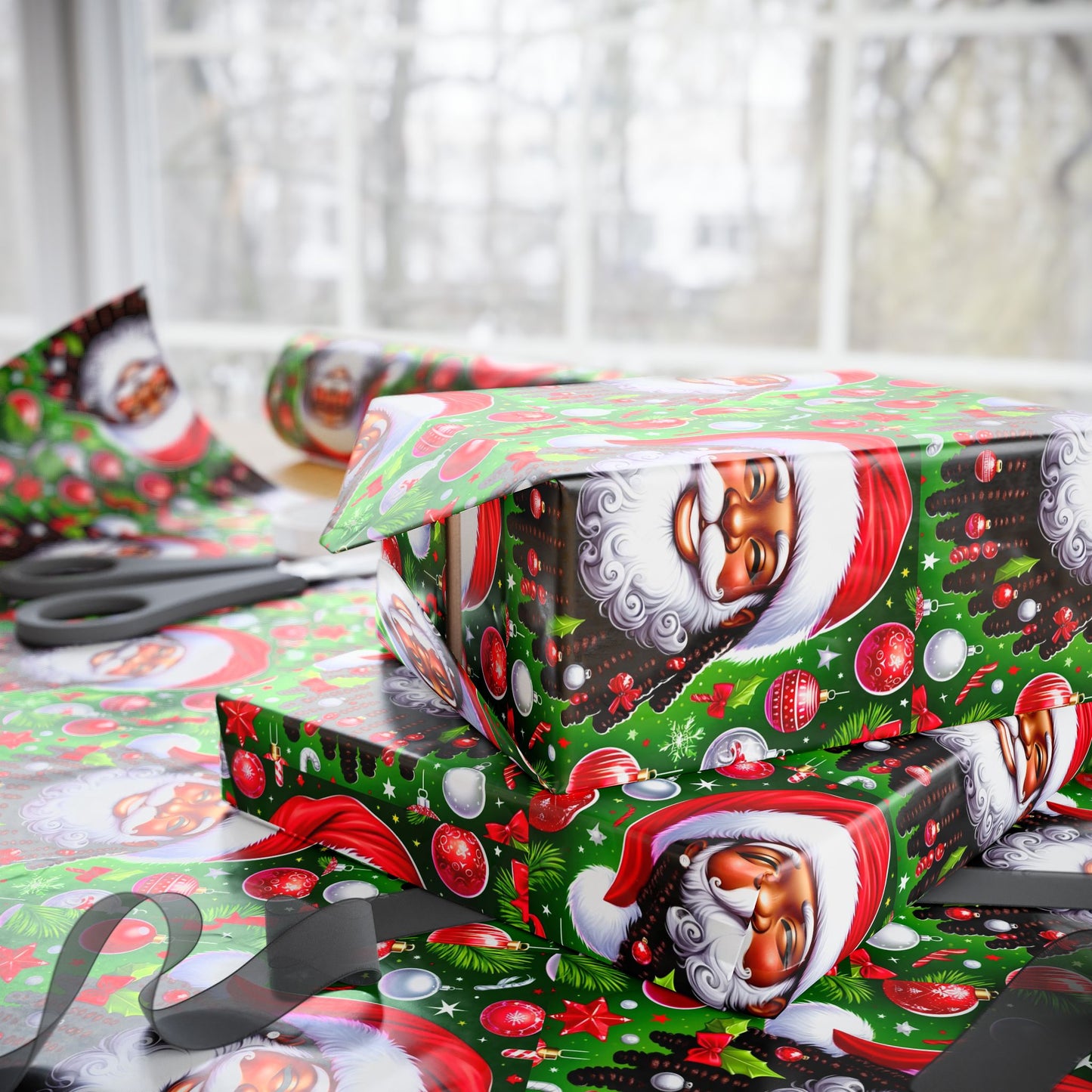 Christmas Cheer African American Wrapping Papers, Festive African American Santa Gift Wrap, Holiday Ornaments, Rosy Cheeks, Nose, Xmas Spirit Decor, Party