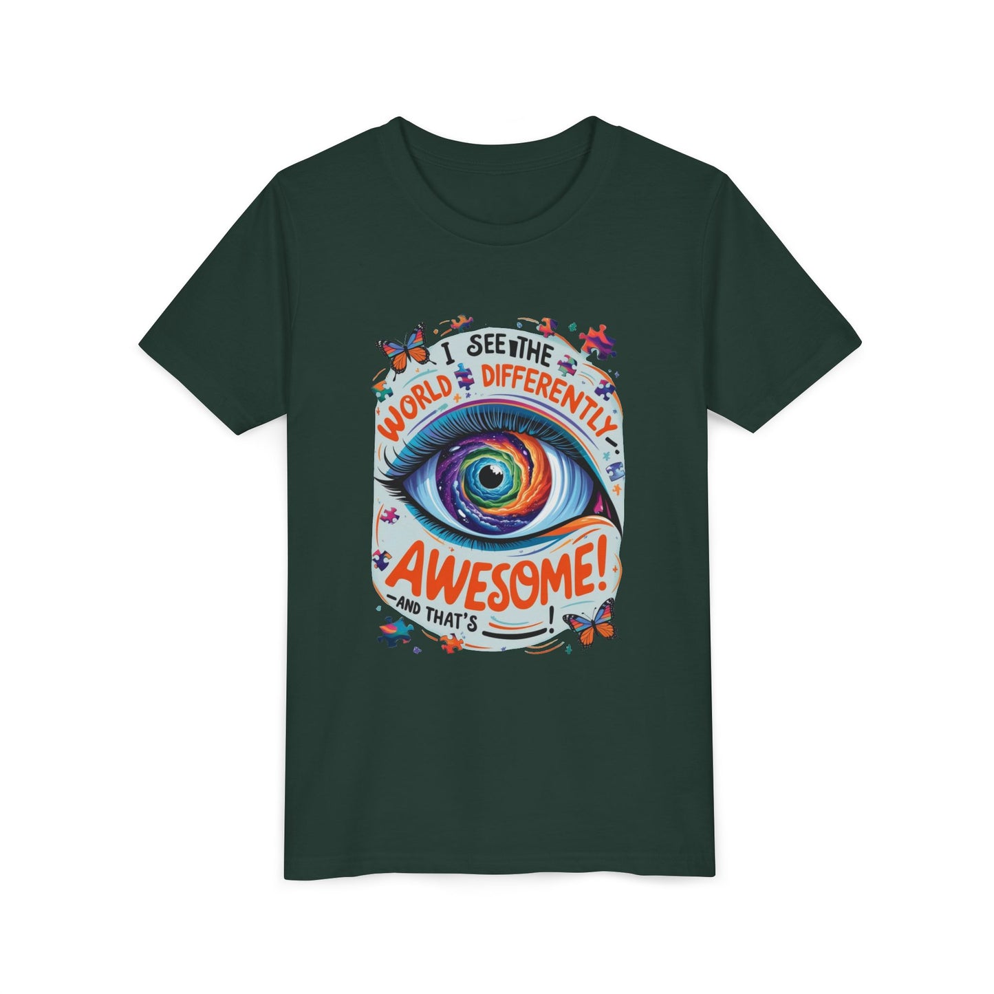 Autism Awareness Youth Tee, Eye Galaxy, Puzzle Pieces, Butterflies, Neurodiversity Shirt, Unique Perspective Clothing