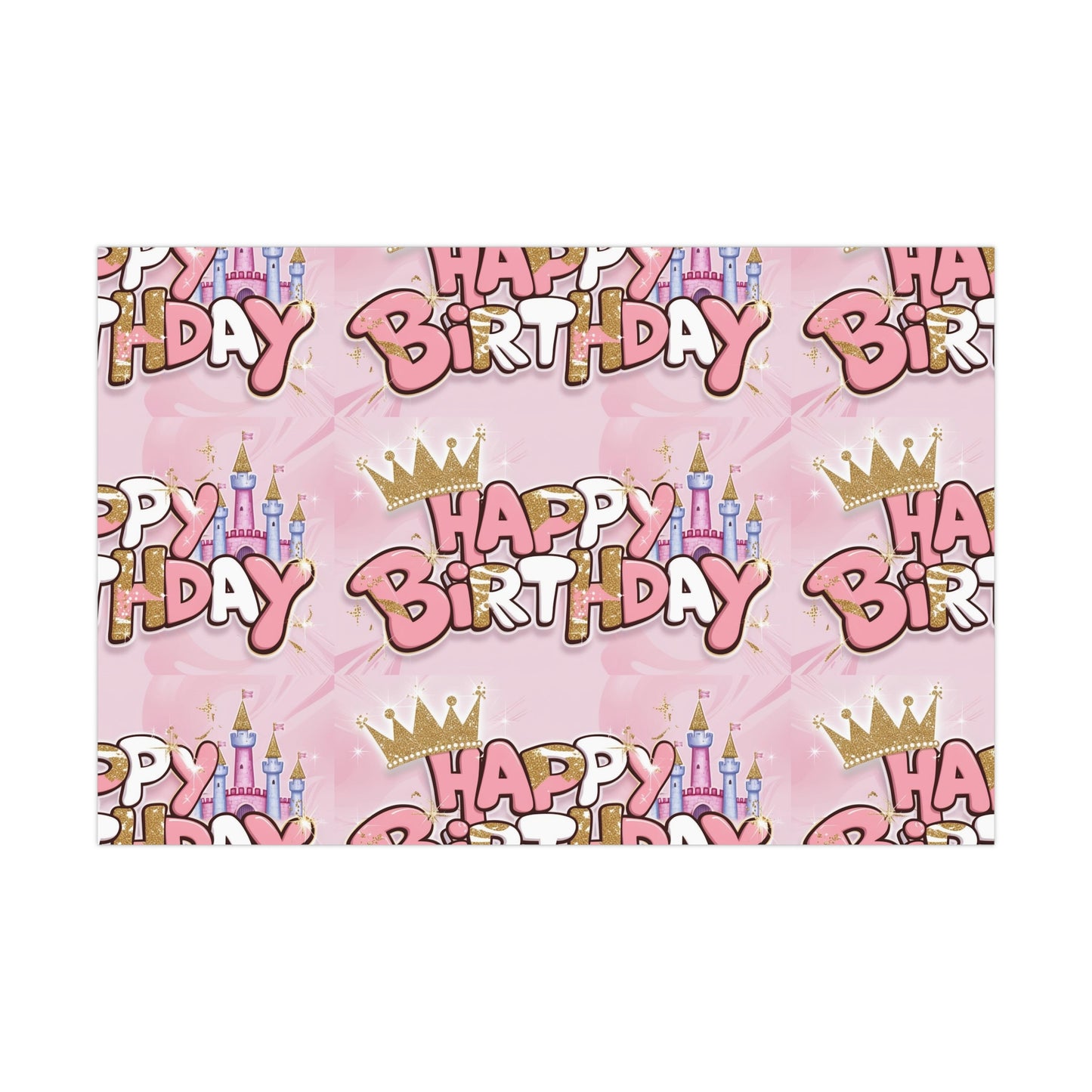 Gift Wrap Papers, Princess-Themed Happy Birthday Wrapping Paper, Pink and Gold Design, Glitter Effect, Castle Illustrations,