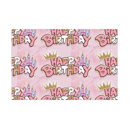 Gift Wrap Papers, Princess-Themed Happy Birthday Wrapping Paper, Pink and Gold Design, Glitter Effect, Castle Illustrations,