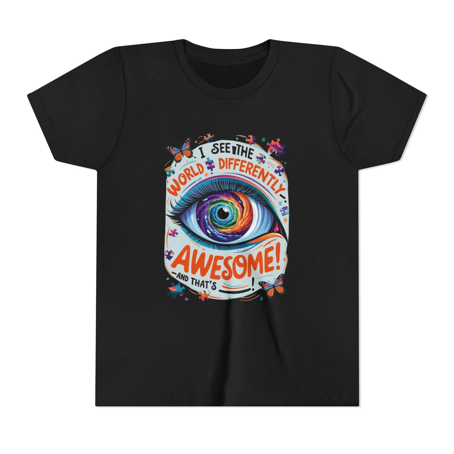 Autism Awareness Youth Tee, Eye Galaxy, Puzzle Pieces, Butterflies, Neurodiversity Shirt, Unique Perspective Clothing