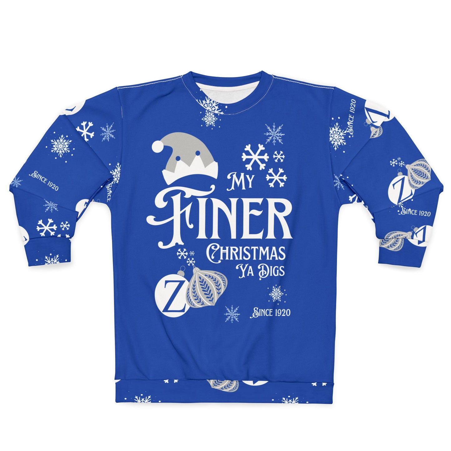 My Finer Christmas Ya Digs Sweater Royal Blue and White Zeta Inspired