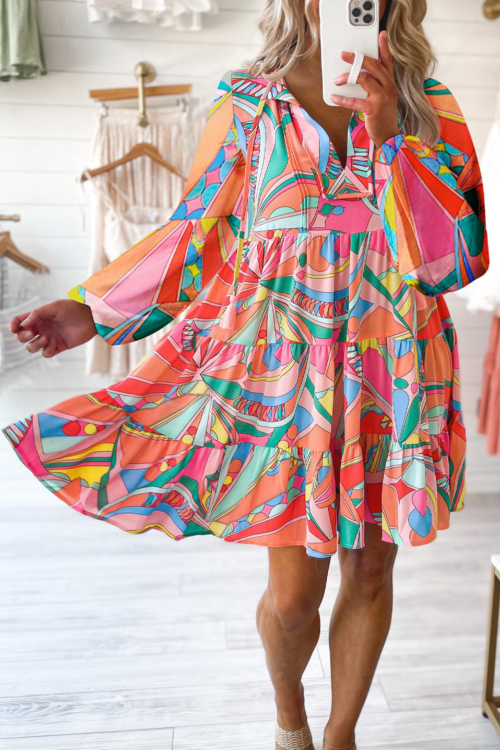 Printed Long Sleeve Tie Neck Mini Dress-VMA Specialties Boutique