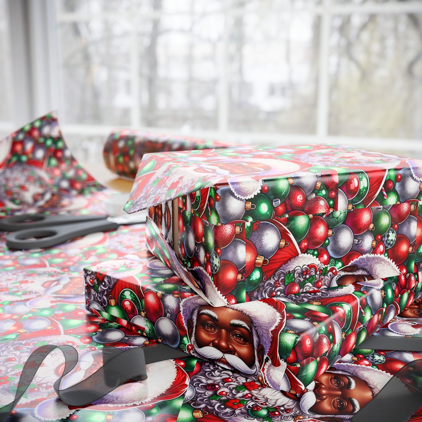 Christmas Cheer Wrapping Papers, Festive African American Santa Gift Wrap, Holiday Ornaments, Rosy Cheeks, Nose, Xmas Spirit Decor, Party