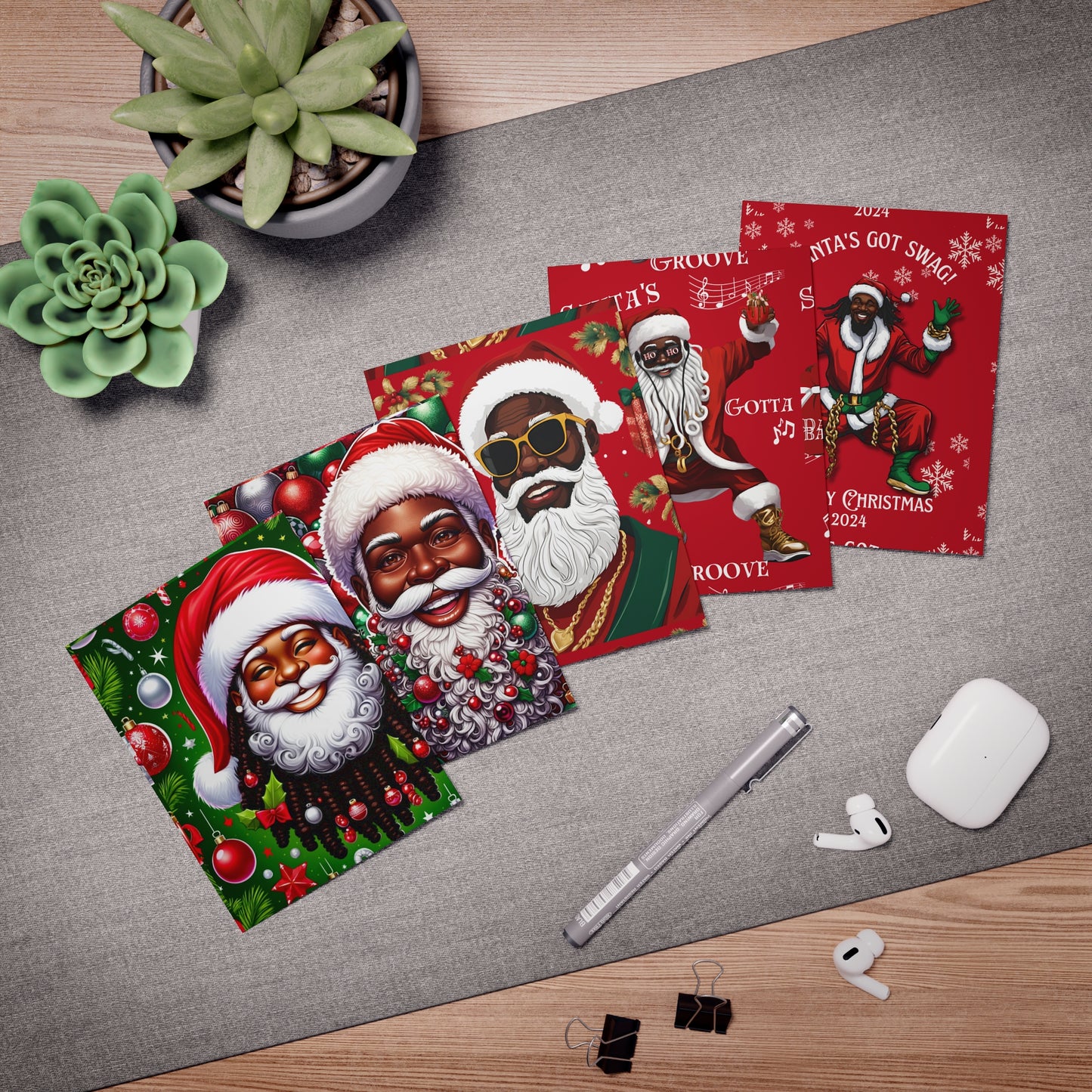 Greeting Card Pack, African American Santa Holiday Cards - Festive Joy, Blank Inside, Set of 5, Culturally Inspired, Vibrant