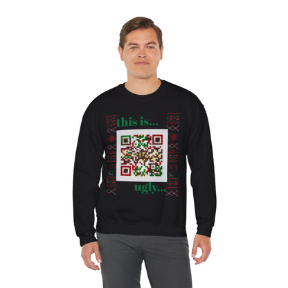 Ugly Christmas Sweater Sweatshirt with QR Code, Festive Holiday Jumper, Red Winter Pullover, Unisex Xmas Top, Knit Pattern Ugly Jumper,