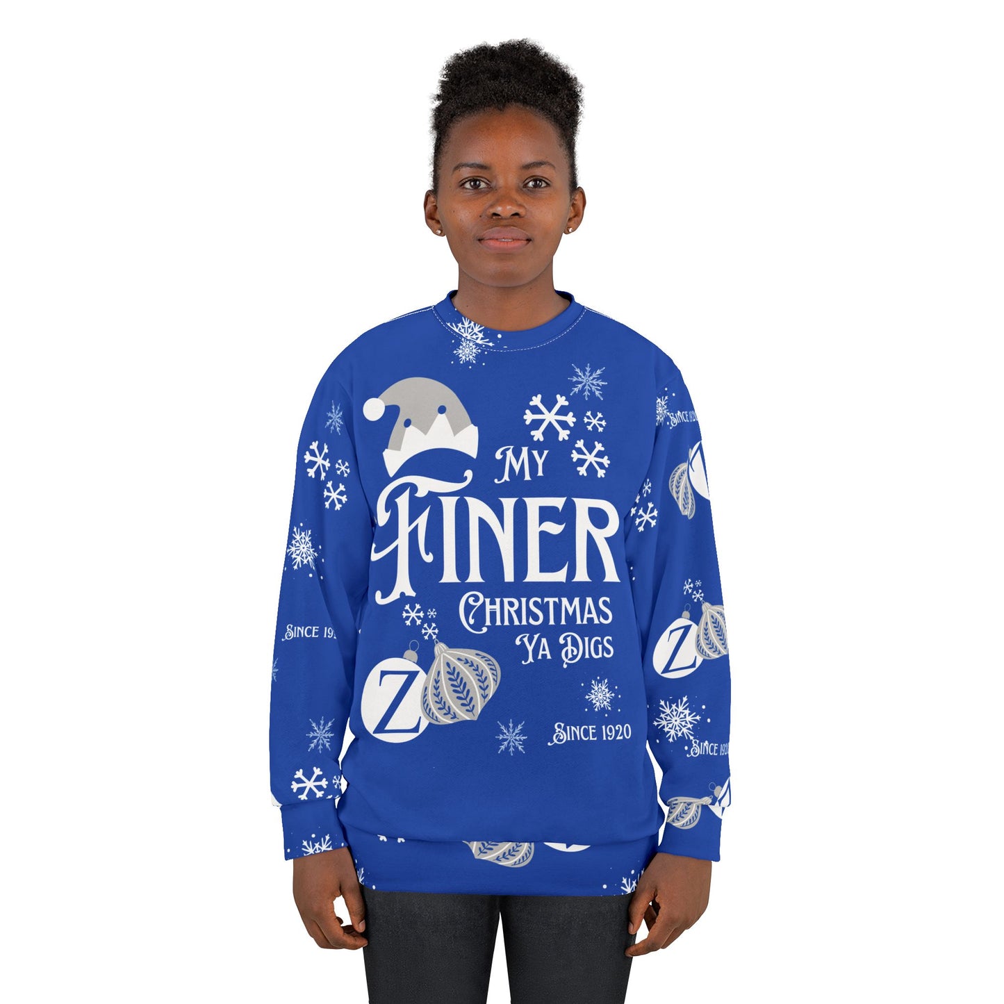My Finer Christmas Ya Digs Sweater Royal Blue and White Zeta Inspired