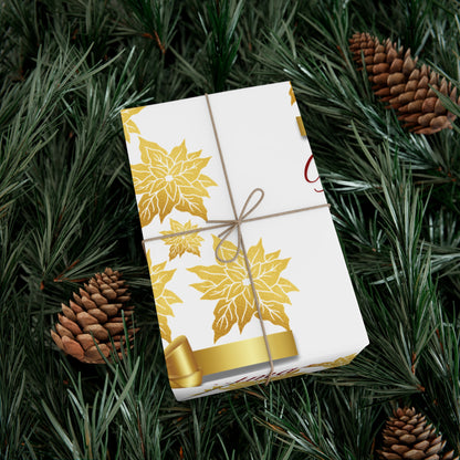 Wrapping Papers - Festive Golden Poinsettia Flowers Merry Christmas Gift Wrap Roll, Elegant White Gold Ribbon Accents,