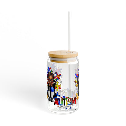 Sipper Glass, 16oz featuring Autism Awareness design - Black girl with puzzle pieces, Autistic Awareness gift, Puzzle pieces