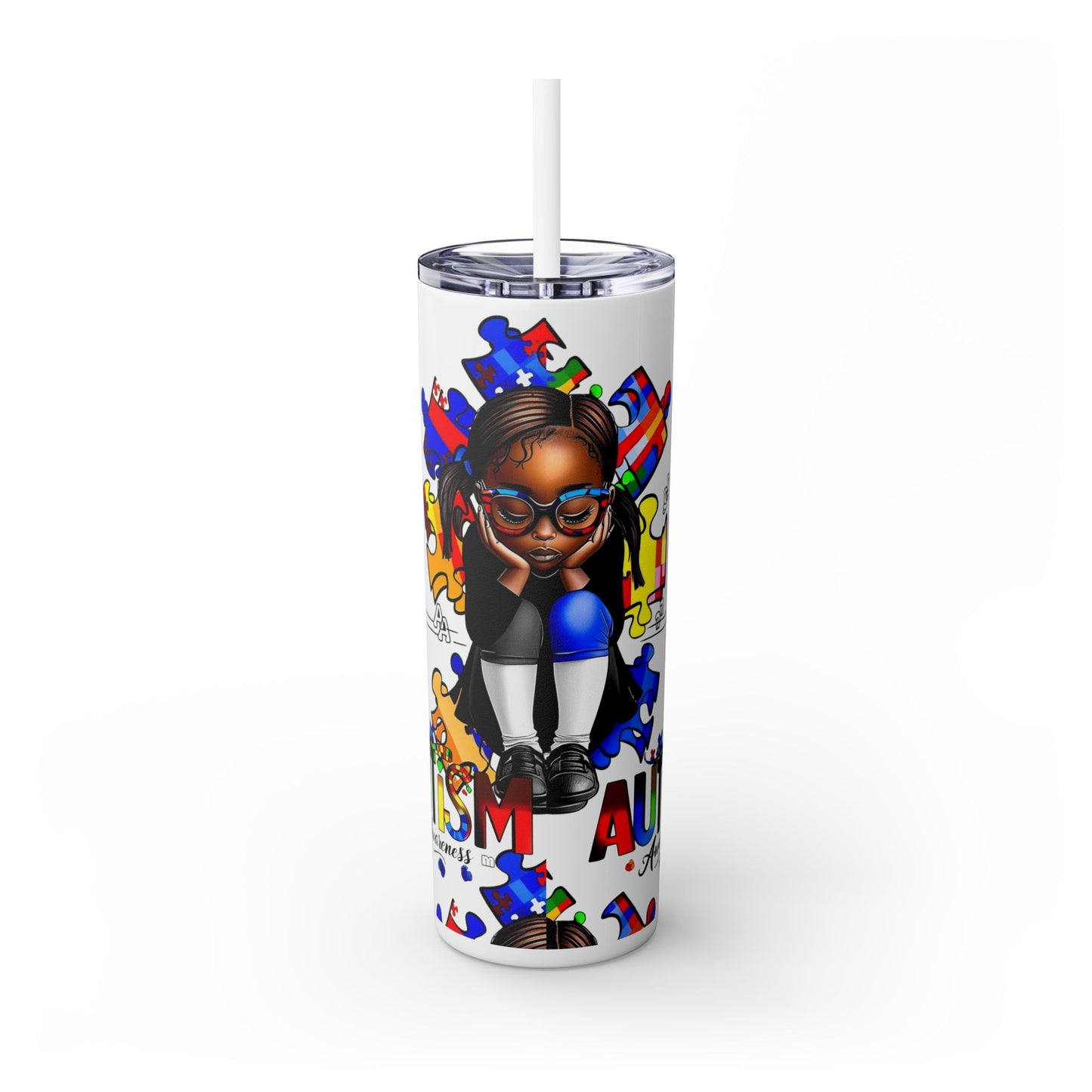 Skinny Tumbler, Autism Awareness Tumbler, Puzzle Pieces Tumbler, Black Girl, Special Needs Gift, 20oz Cup with Straw