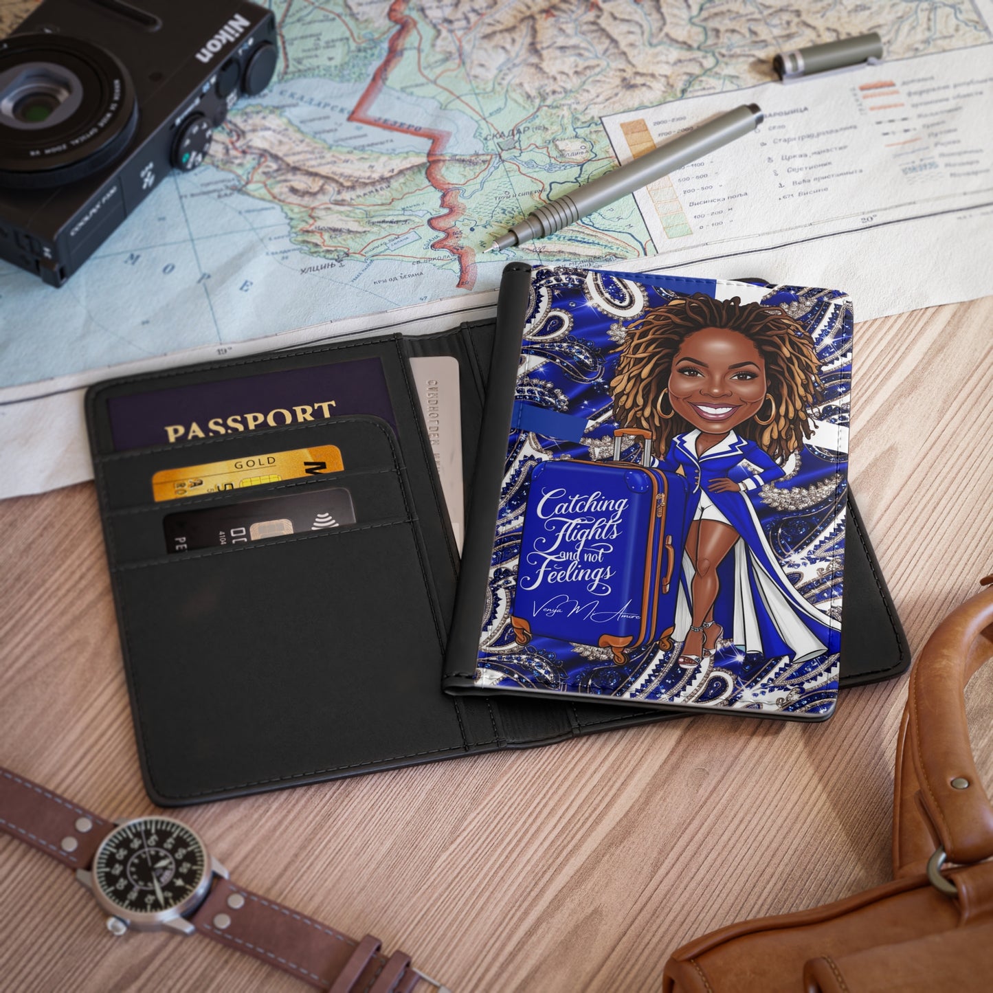 Passport Cover - Catching Flights and Not Feelings Caricature Design