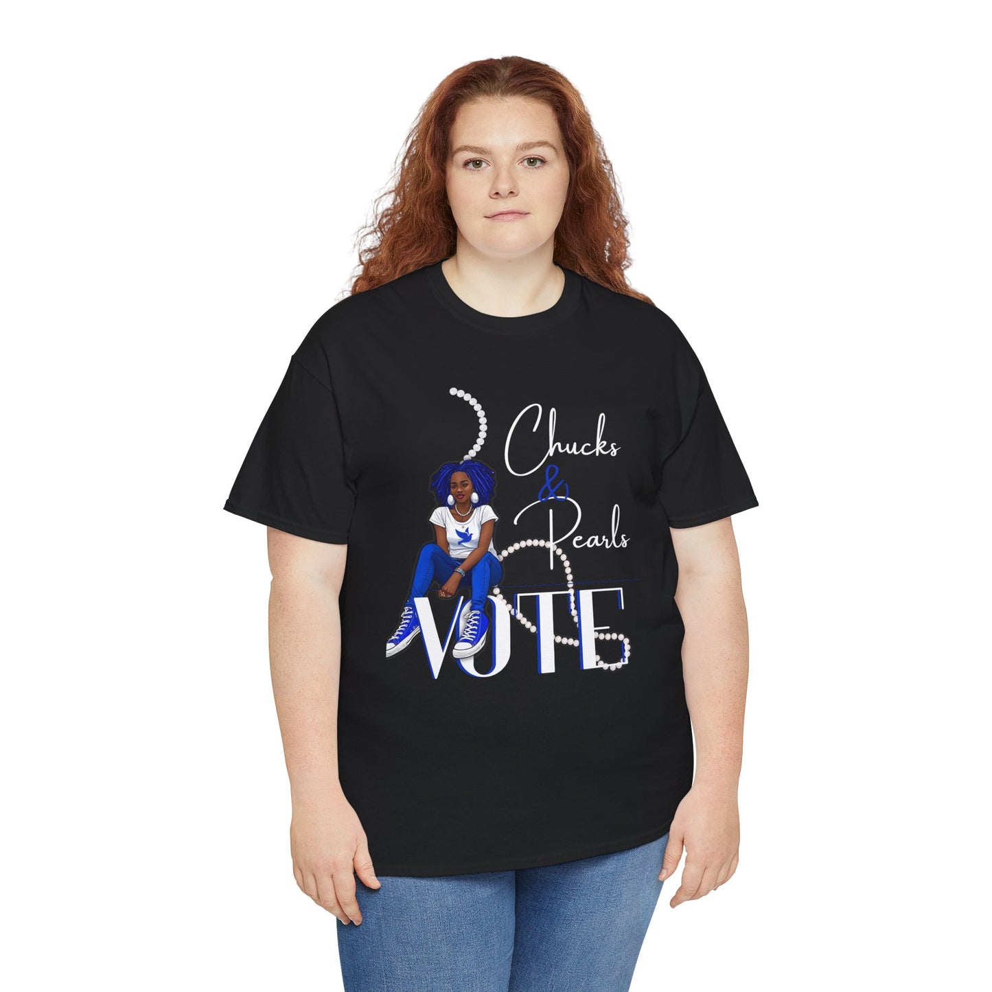 Unisex Heavy Cotton Tee - Chucks & Pearls Royal Blue and White Zeta Inspired Rock the Vote Shirt