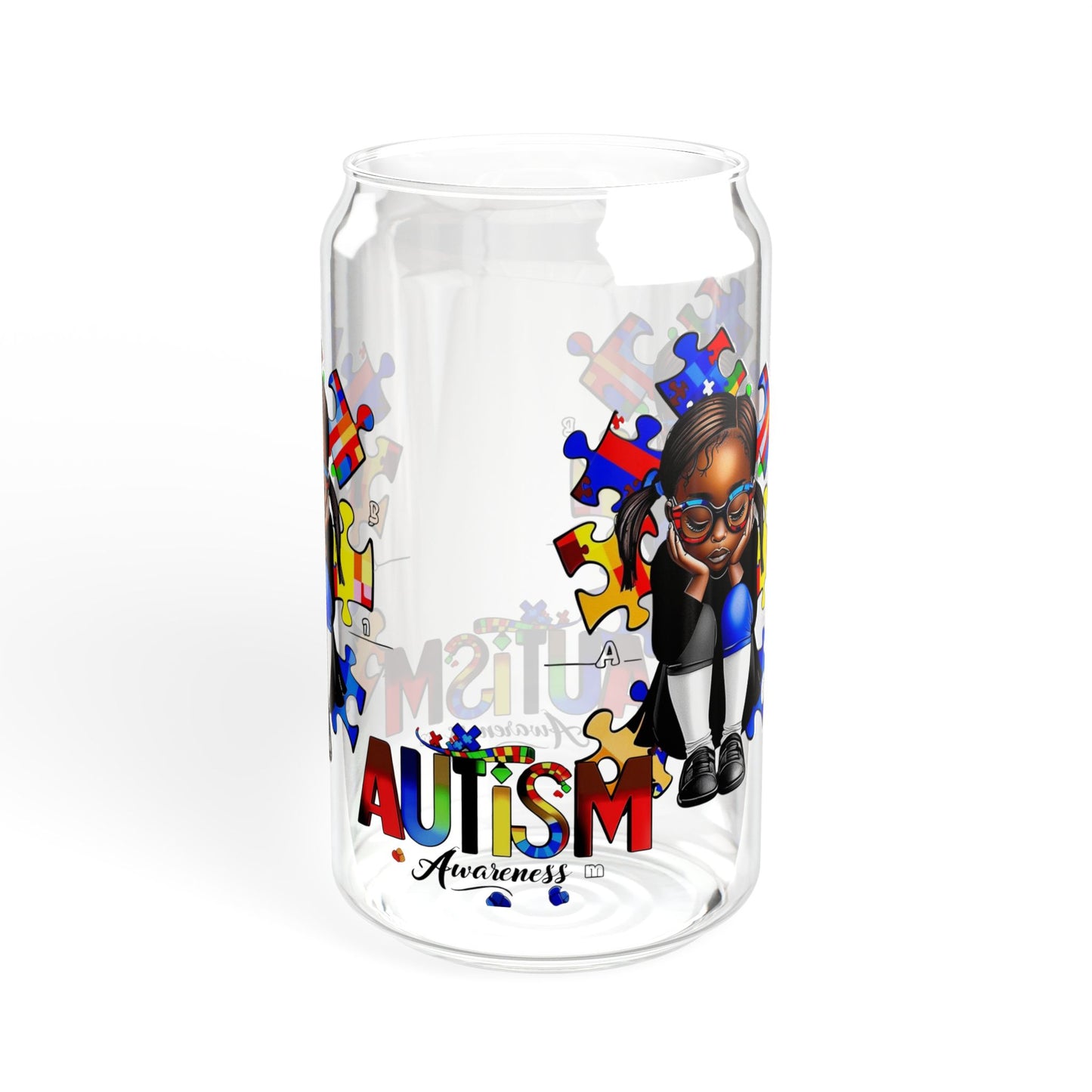 Sipper Glass, 16oz featuring Autism Awareness design - Black girl with puzzle pieces, Autistic Awareness gift, Puzzle pieces