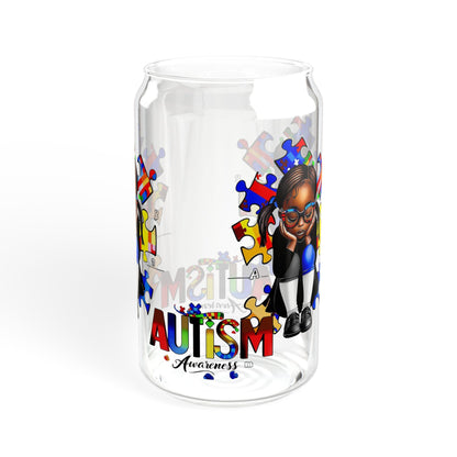 Sipper Glass, 16oz featuring Autism Awareness design - Black girl with puzzle pieces, Autistic Awareness gift, Puzzle pieces