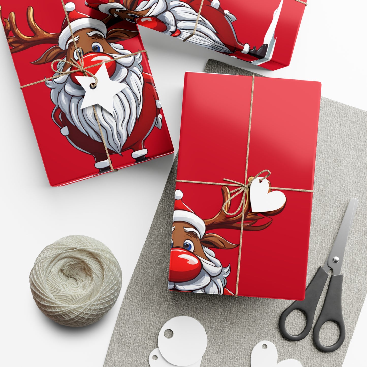 Wrapping Papers - Cheerful Cartoon Reindeer Holiday Gift Wrap, Santa Reindeer Patterned Gift Wrap, Playful