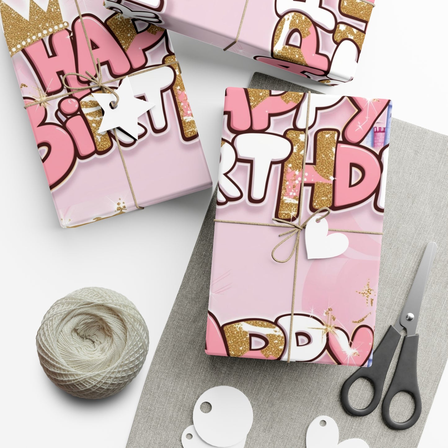 Gift Wrap Papers, Princess-Themed Happy Birthday Wrapping Paper, Pink and Gold Design, Glitter Effect, Castle Illustrations,