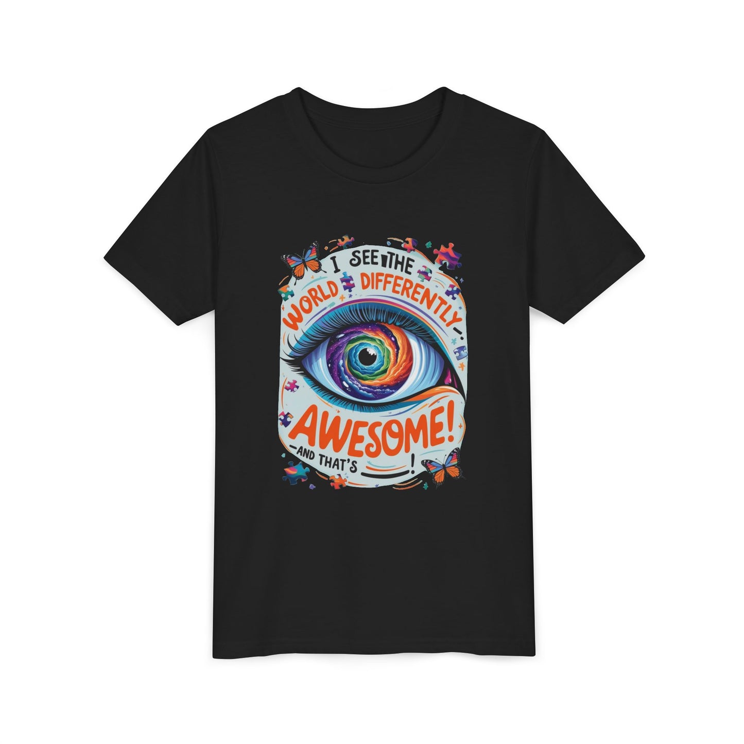 Autism Awareness Youth Tee, Eye Galaxy, Puzzle Pieces, Butterflies, Neurodiversity Shirt, Unique Perspective Clothing