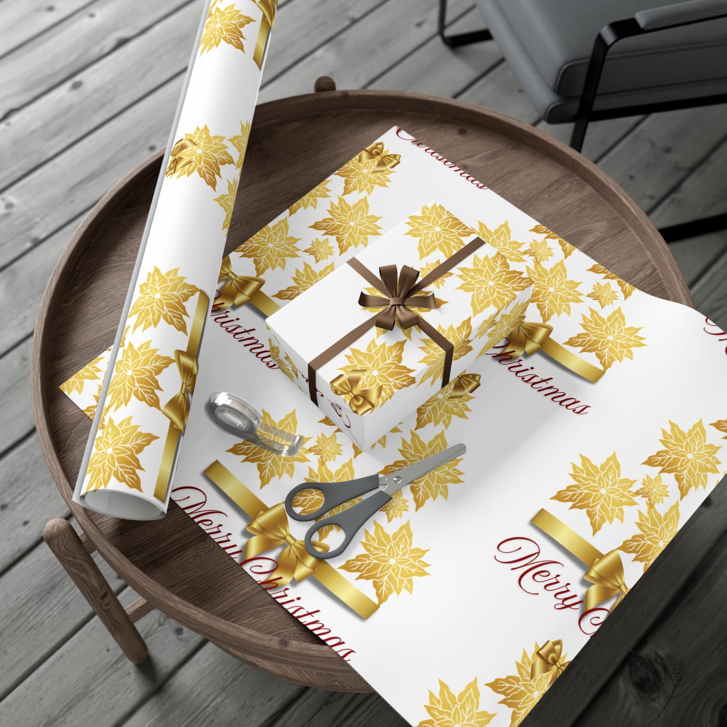 Wrapping Papers - Festive Golden Poinsettia Flowers Merry Christmas Gift Wrap Roll, Elegant White Gold Ribbon Accents,