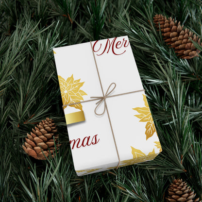Wrapping Papers - Festive Golden Poinsettia Flowers Merry Christmas Gift Wrap Roll, Elegant White Gold Ribbon Accents,