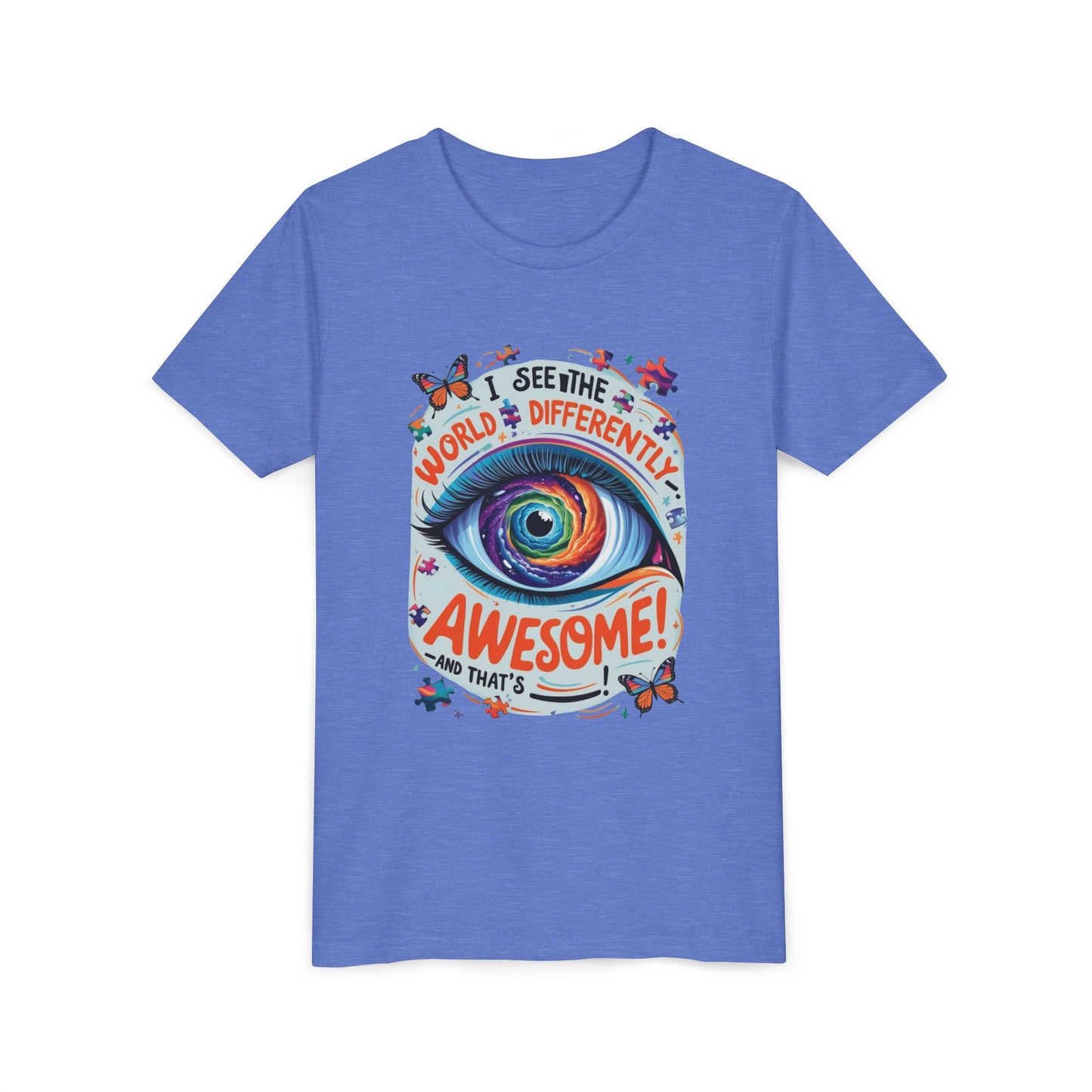 Autism Awareness Youth Tee, Eye Galaxy, Puzzle Pieces, Butterflies, Neurodiversity Shirt, Unique Perspective Clothing