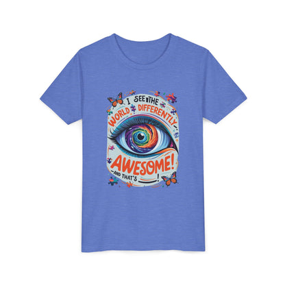 Autism Awareness Youth Tee, Eye Galaxy, Puzzle Pieces, Butterflies, Neurodiversity Shirt, Unique Perspective Clothing
