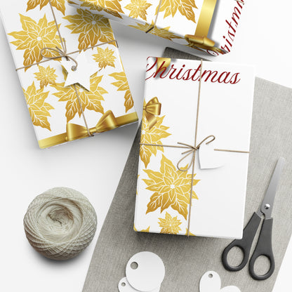 Wrapping Papers - Festive Golden Poinsettia Flowers Merry Christmas Gift Wrap Roll, Elegant White Gold Ribbon Accents,