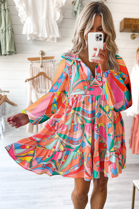 Printed Long Sleeve Tie Neck Mini Dress-VMA Specialties Boutique