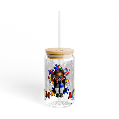Sipper Glass, 16oz featuring Autism Awareness design - Black girl with puzzle pieces, Autistic Awareness gift, Puzzle pieces
