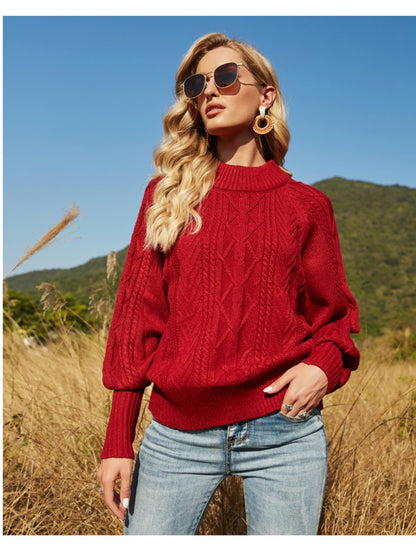 Ribbed Mock Neck Lantern Sleeve Sweater-VMA Specialties Boutique