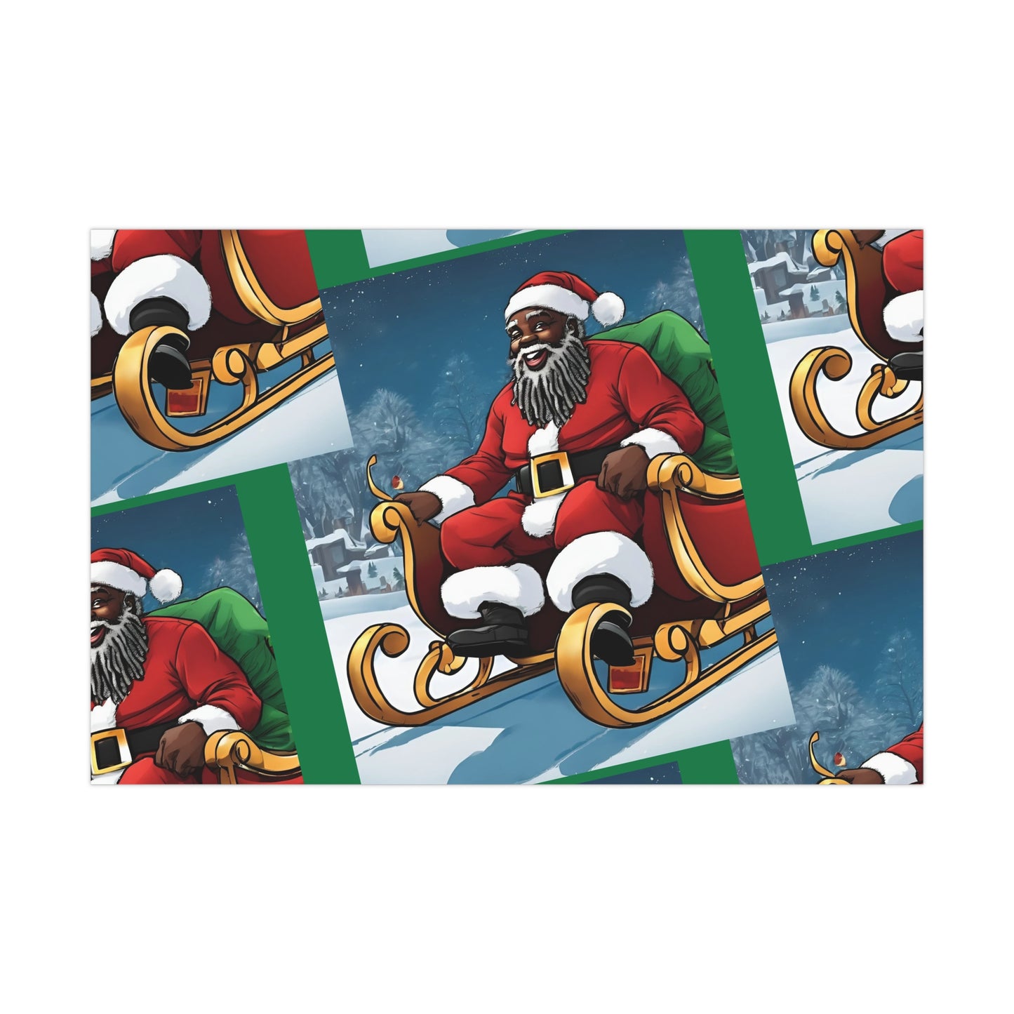 Gift Wrap-African American Inspired Santa on Sleigh