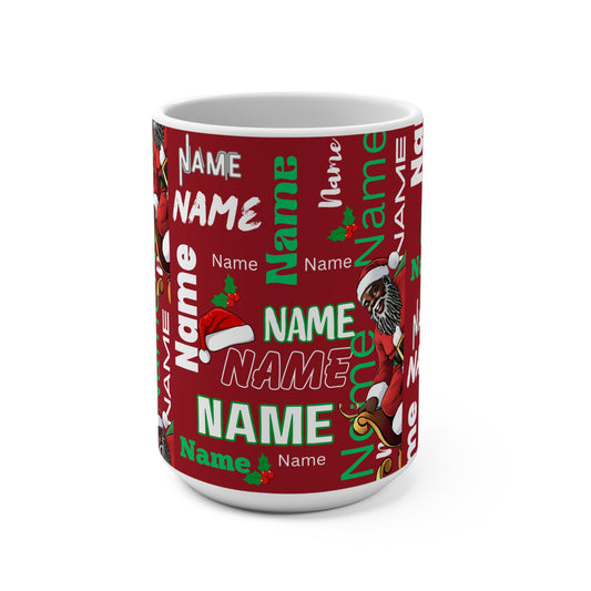 Red Writing Wall Mug, Black Santa Knows My Name, Your Name, 15oz Cup for Holidays, Christmas Gift, Personalized