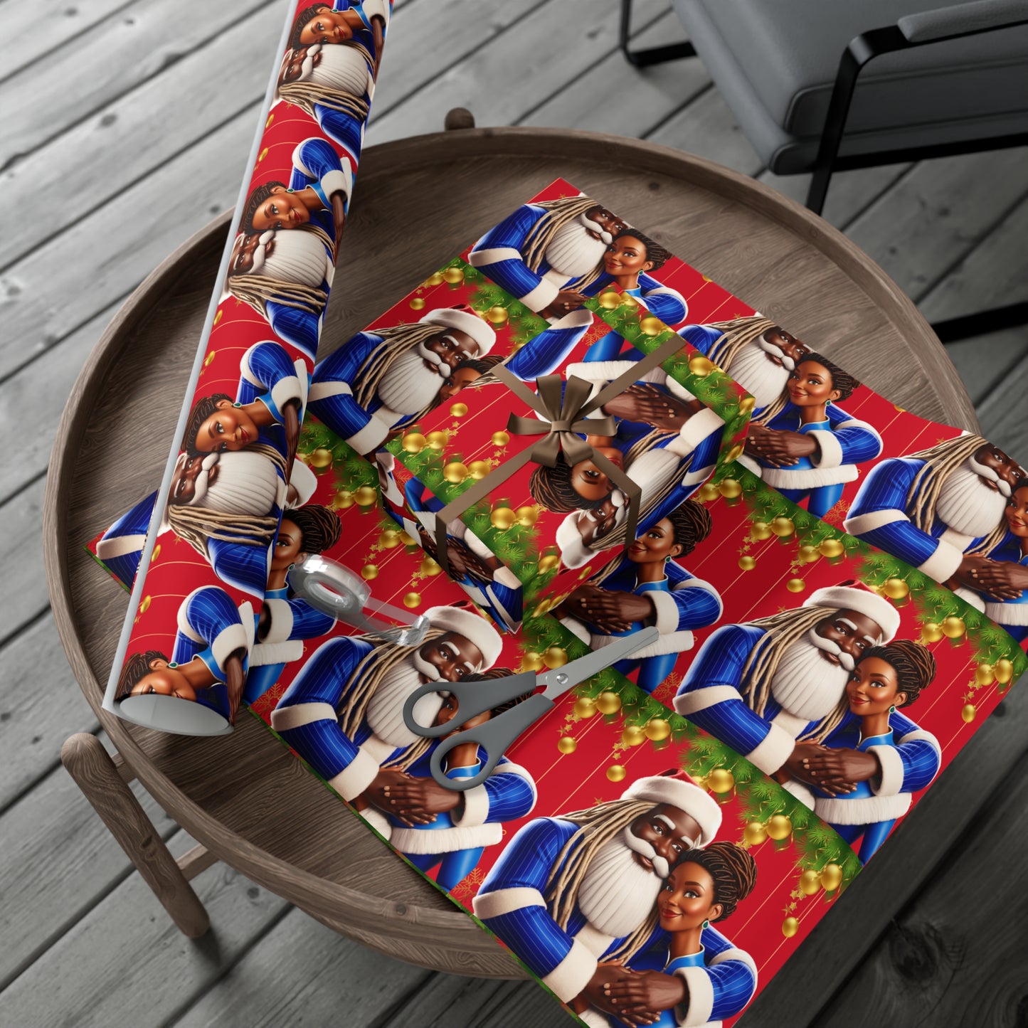 Wrapping Paper Black Santa and Mrs Hint of Ble